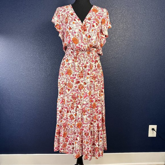 Knox Rose Flutter Short Sleeve Tiered A-Line Dress, Magenta & Orange Floral, XXL - Picture 2 of 8